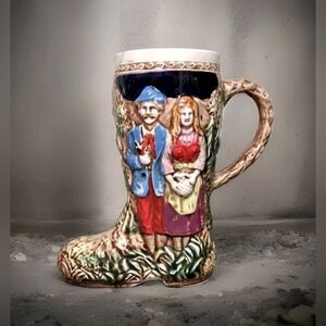 Vintage Pottery Boot Mug Beer Stein With Country Couple, Woodland Scene